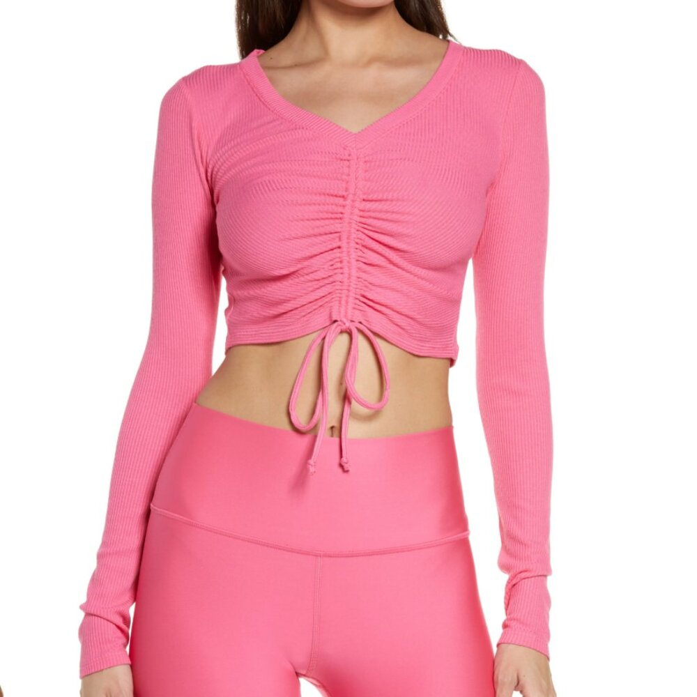 Alo Yoga Long-Sleeve Cinched Rib-Knit Crop Top